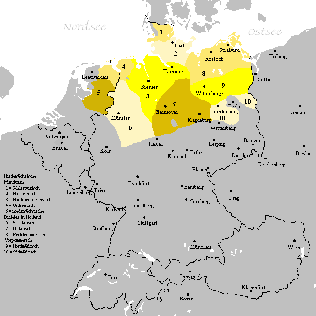 Verbreitungsgebiet der heutigen niederdeutschen Mundarten. Karte: Wikimedia Commons 