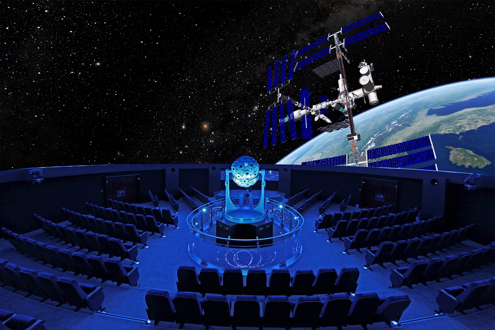 Das Zeiss Planetarium Bochum von innen: Die 360°-Projektion zeigt die Raumstation ISS und die Erde. Foto: Lutz Leitmann/Stadt Bochum