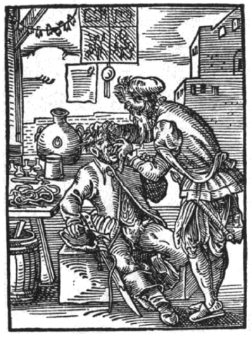 Im 16. Jahrhundert hießen die Vorgänger der heutigen Zahnärzte noch Zahnbrecher - hier Darstellung von 1568. (Bild: Wikipedia Gemeinfrei)
