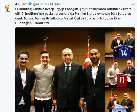 Die AKP, die türkische Regierungspartei, verbreitete Fotos vom Treffen der Fußballer mit Erdogan über ihren Twitter-Account. Screenshot
