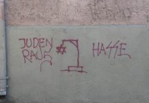 Antisemitische Schmiererei mit Galgen, Davidstern und Parolen