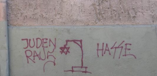 Antisemitische Schmiererei mit Galgen, Davidstern und Parolen