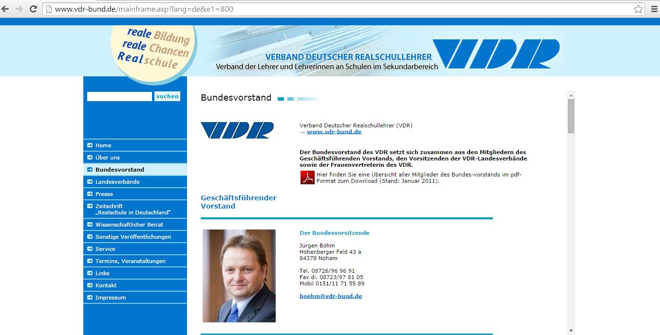Der Bundesvorsitzender des Verbands Deutscher Realschullehrer, Jürgen Böhm, leitet nun auch den bayerischen Landesverband. Screenshot von www.vdr-bund.de