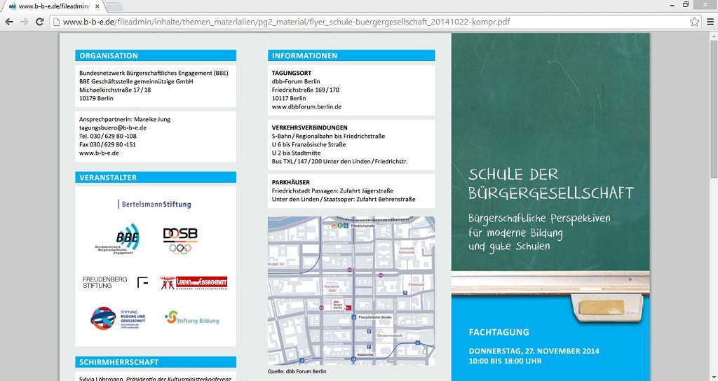 Mit der Fachtagung will das Bundesnetzwerk Bürgerschaftliches Engagement gemeinsam mit weiteren Organisationen die Förderung von "Civic Education" vorantreiben. Screenshot vonwww.b-b-e.de/fileadmin/inhalte/themen_materialien/pg2_material/flyer_schule-buergergesellschaft_20141022-kompr.pdf