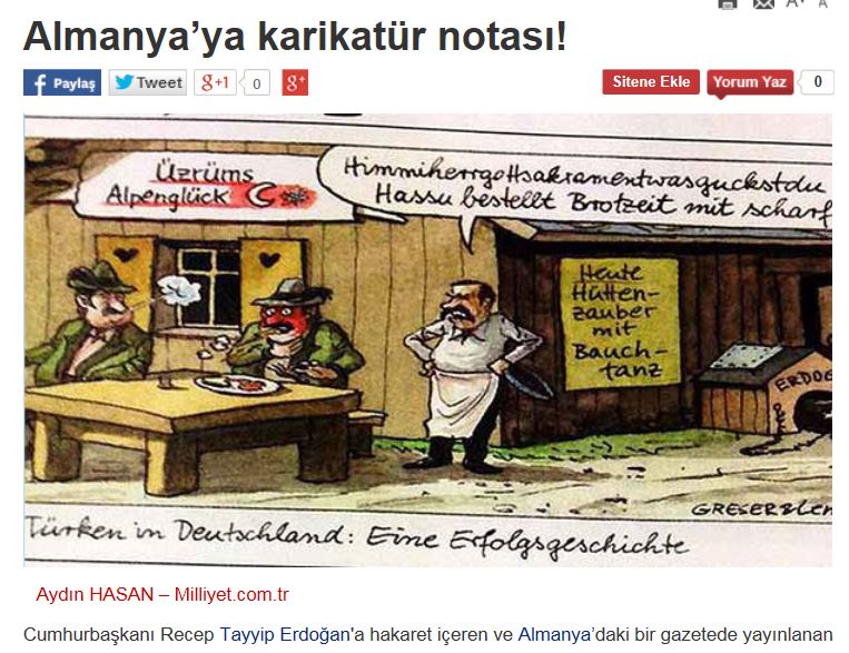 Die Zeitung "Miliyet" veröffentlichte in ihrem Online-Auftritt die Karikatur der Zeichner Greeser & Lenz. Rechts im Bild: der Hund des Anstoßes. Screenshot