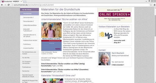 Das katholische Hilfswerk Misereor bietet auf seiner Internetseite Unterrichtsmaterialien zu entwicklungspolitischen Themen. Screenshot von www.misereor.de