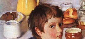 frühstückender Junge - Zweimal am Tag zu frühstücken halte Kinder gesund und leistungsfähig. Süßigkeiten sind dabei nicht unbedingt verboten Bild: Zinaida Serebryakova / Wikimedia Commons