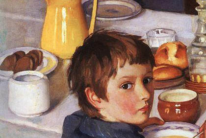 frühstückender Junge - Zweimal am Tag zu frühstücken halte Kinder gesund und leistungsfähig. Süßigkeiten sind dabei nicht unbedingt verboten Bild: Zinaida Serebryakova / Wikimedia Commons