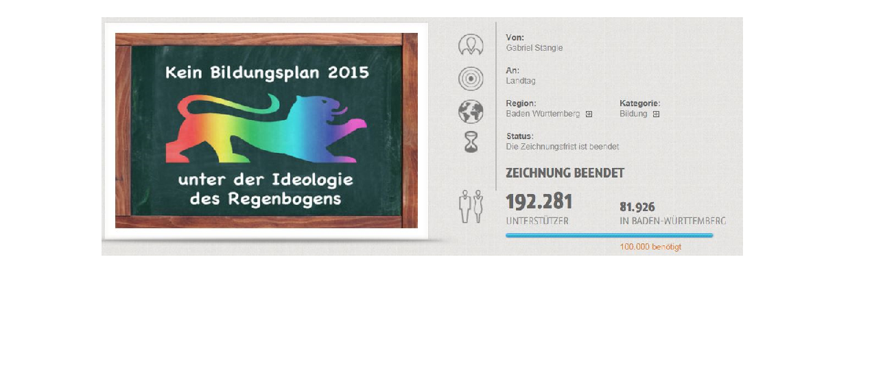 So präsentiert sich die Petitionsseite gegen die Aufwertung des Themas Homosexualität im Unterricht im Netz. Screenshot