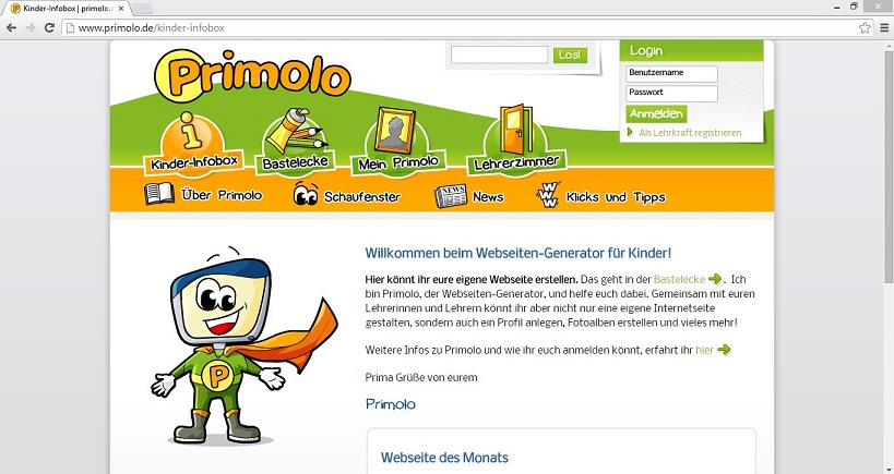 Mithilfe des Webseiten-Generators "Primolo" sollen Kinder die "vor allem die aktive und verantwortungsbewusste Nutzung des Internets" lernen. Screenshot von www.primolo.de