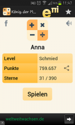 Ziel des Spiels ist es, genug Sterne zu sammeln, um König zu werden. Screenshot der App "König der Mathematik"