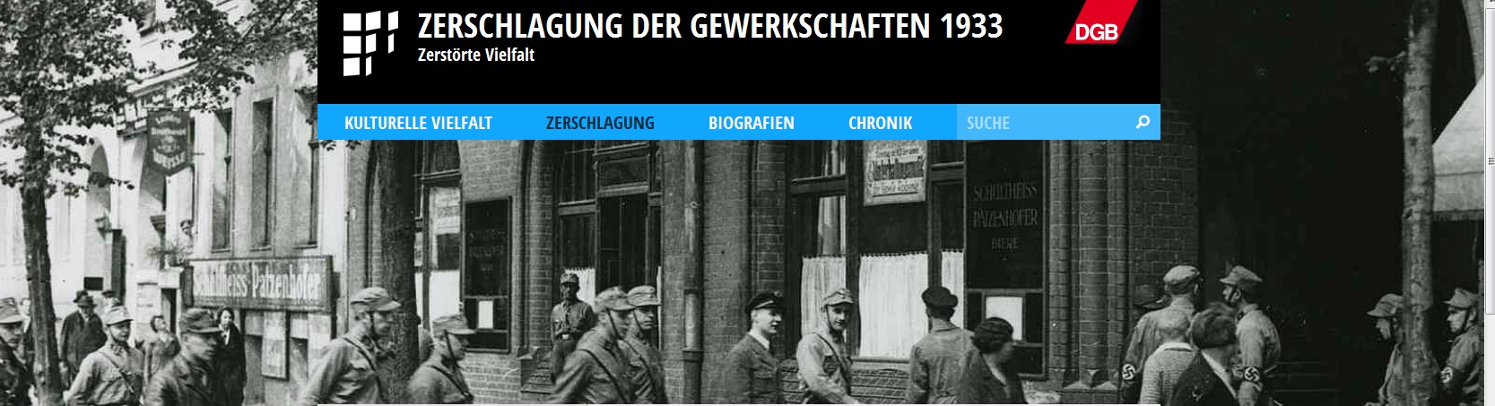 Internetportal zur Zerschlagung der Gewerkschaften 1933 Die Internetseite erinnert erst mal nur an die Vorgänge in Berlin (Bild: Eigener Screenshot)