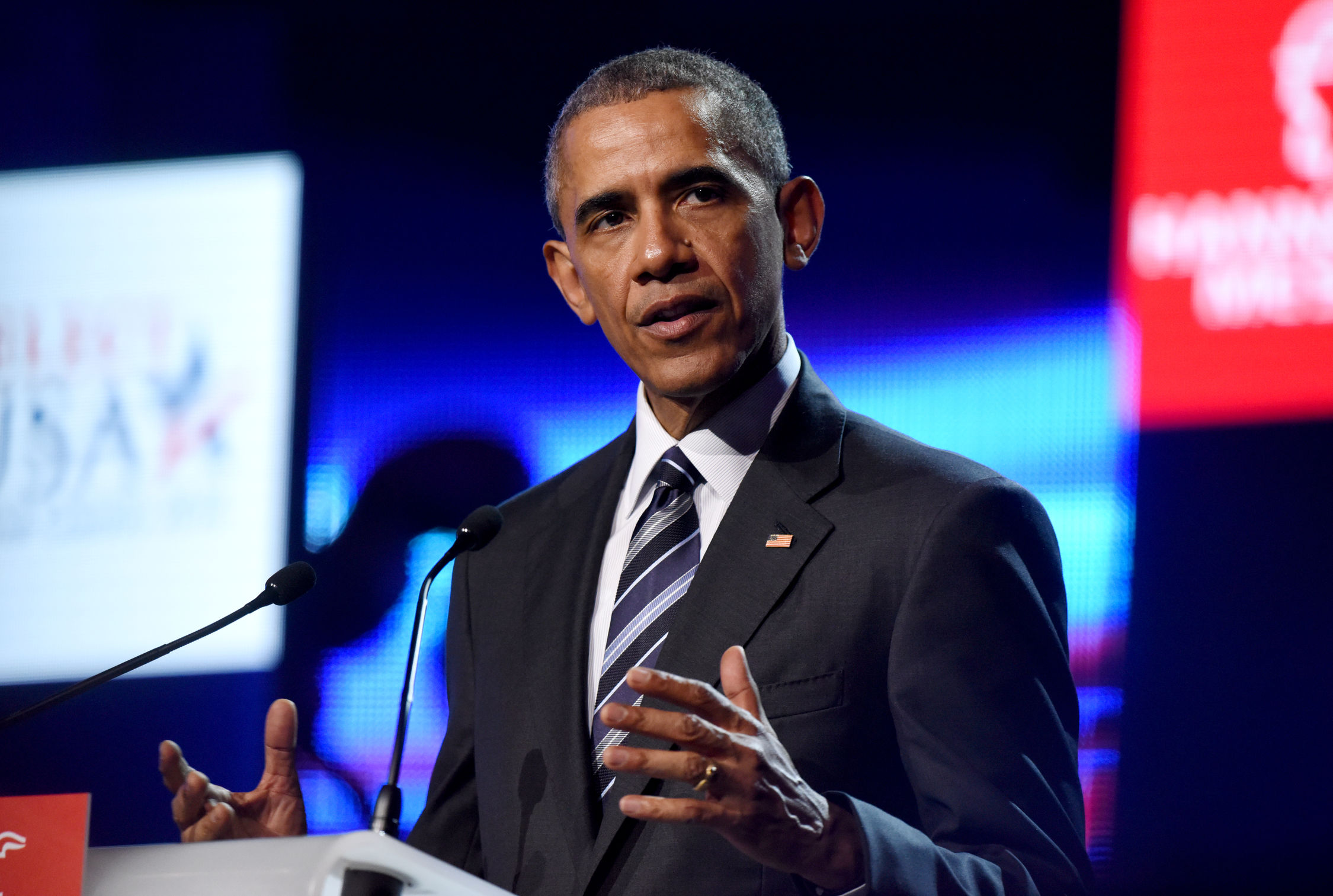 Ihm schlägt Skepsis entgegen: US-Präsident Obama auf der Eröffnungsfeier der HANNOVER MESSE am 24. April 2015 im Hannover Congress Centrum. Foto: Hannover Messe
