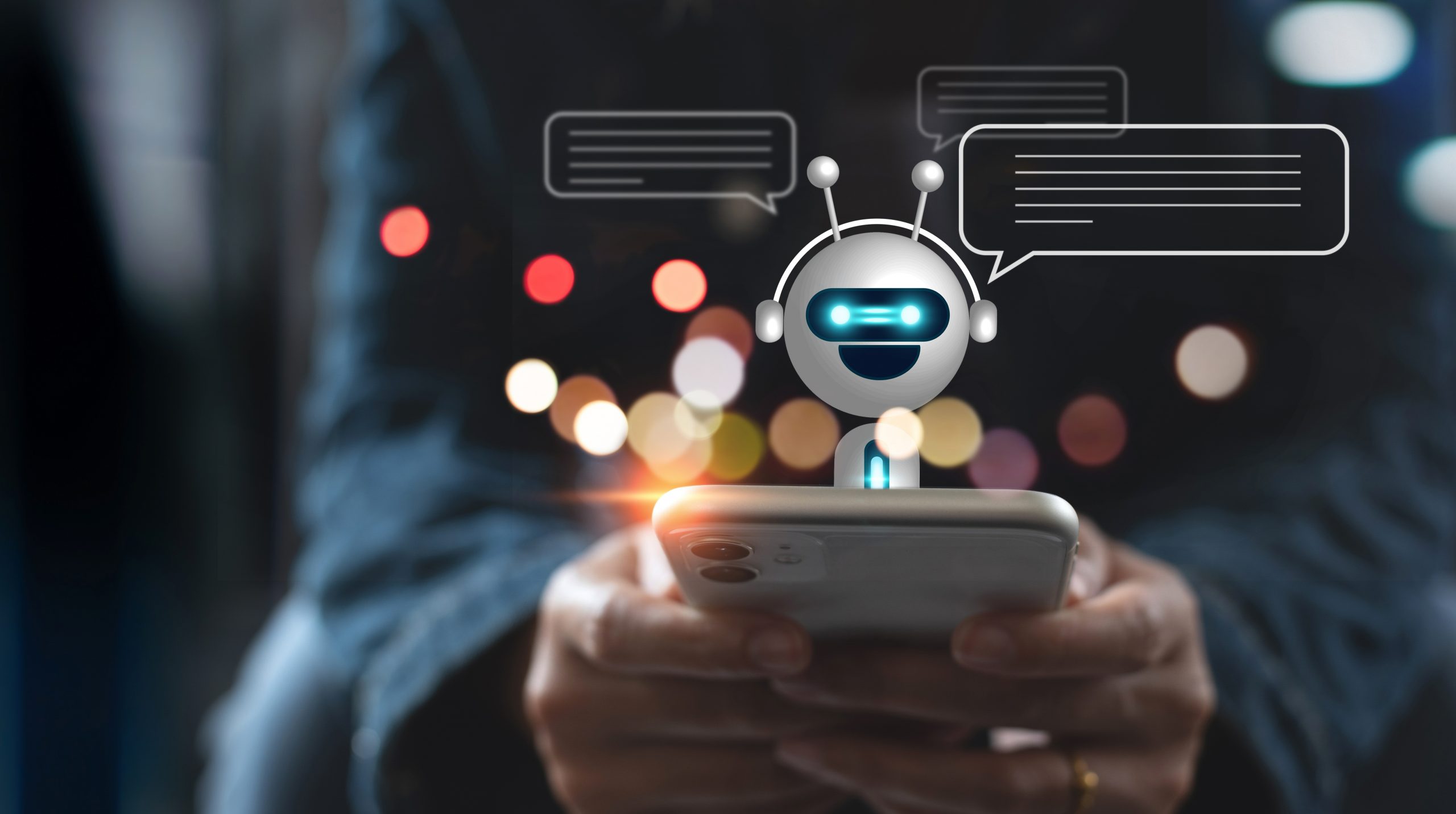 KI-Bot mit Sprechblasen "steigt" aus einem Smartphone auf.