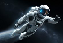 Astronautin fliegt durchs All