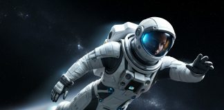 Astronautin fliegt durchs All