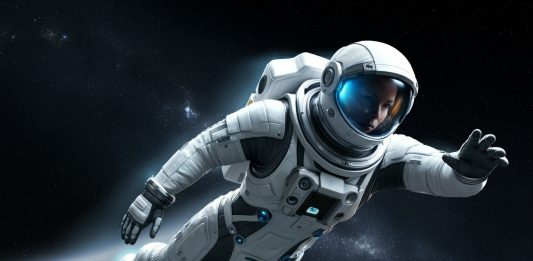 Astronautin fliegt durchs All